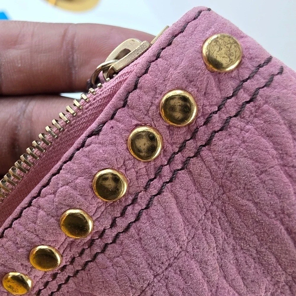 Fendi Coin Purse Pouch OS Pink Excellent Studded Leather Key Cles Gold Hardware